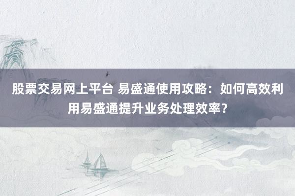 股票交易网上平台 易盛通使用攻略：如何高效利用易盛通提升业务处理效率？